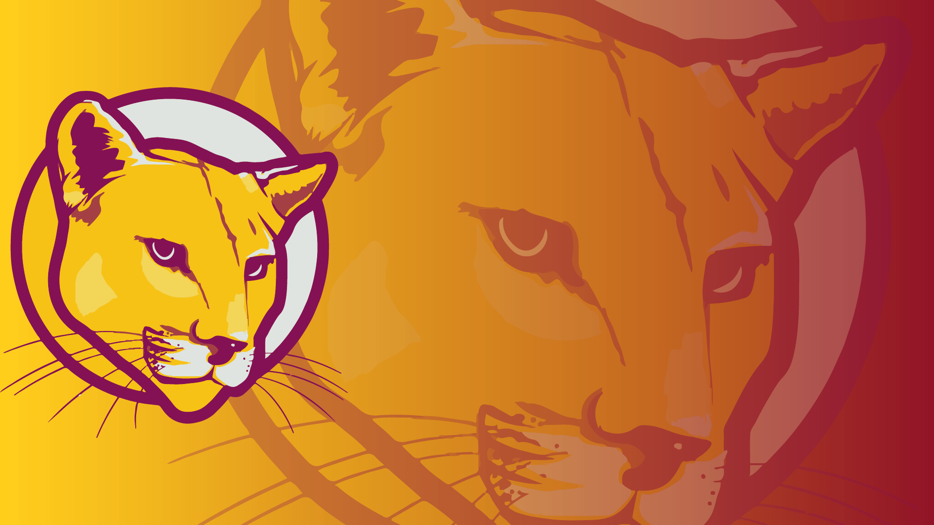 Prairie Point Panther inside of a circle logo on the left with a 50 percent visible larger copy of the logo on the right sitting over a gradient from yellow to purple.